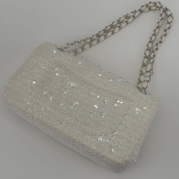 Chanel rain drop white tweed sequin double flap - Picture 4 of 12